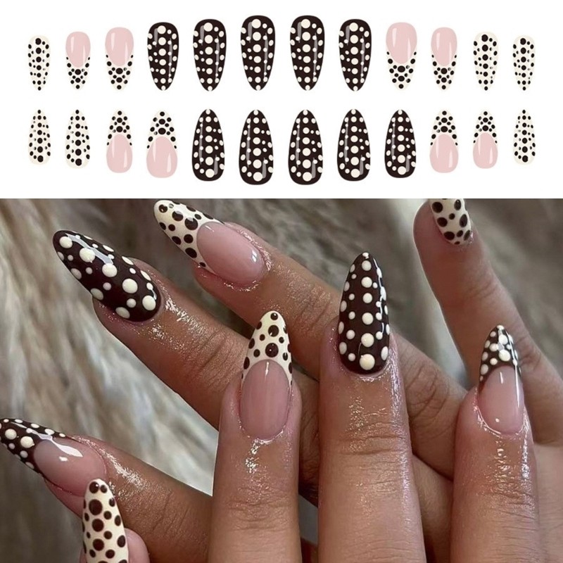 24Pcs Nudes Colored French Tip Press On Nail Dot Design ABS Multiple Sizes