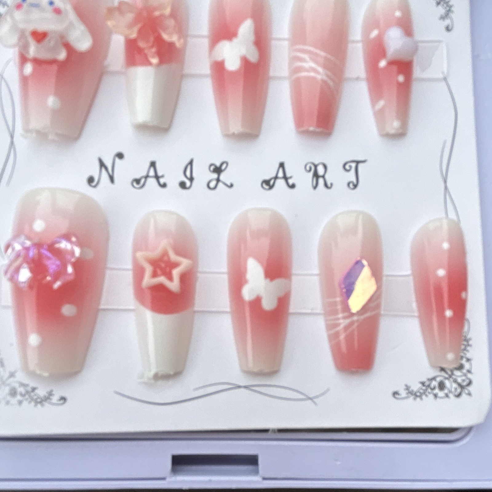 Pink/White Ombre Press-On Nails 3D Butterfly Full Cover Pre-Designed Long Coffin