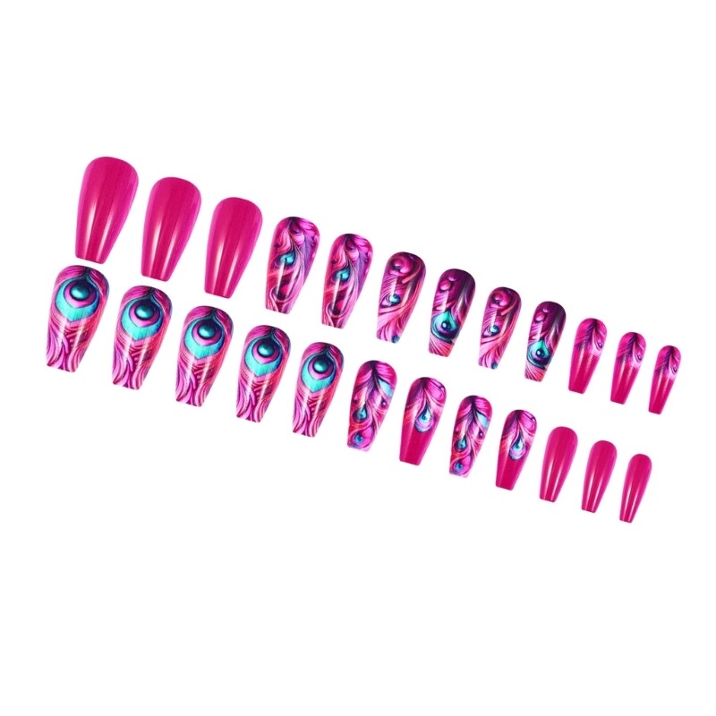 24 Pcs Square False Hot Pink Feathered Design Glossy Finish Press On