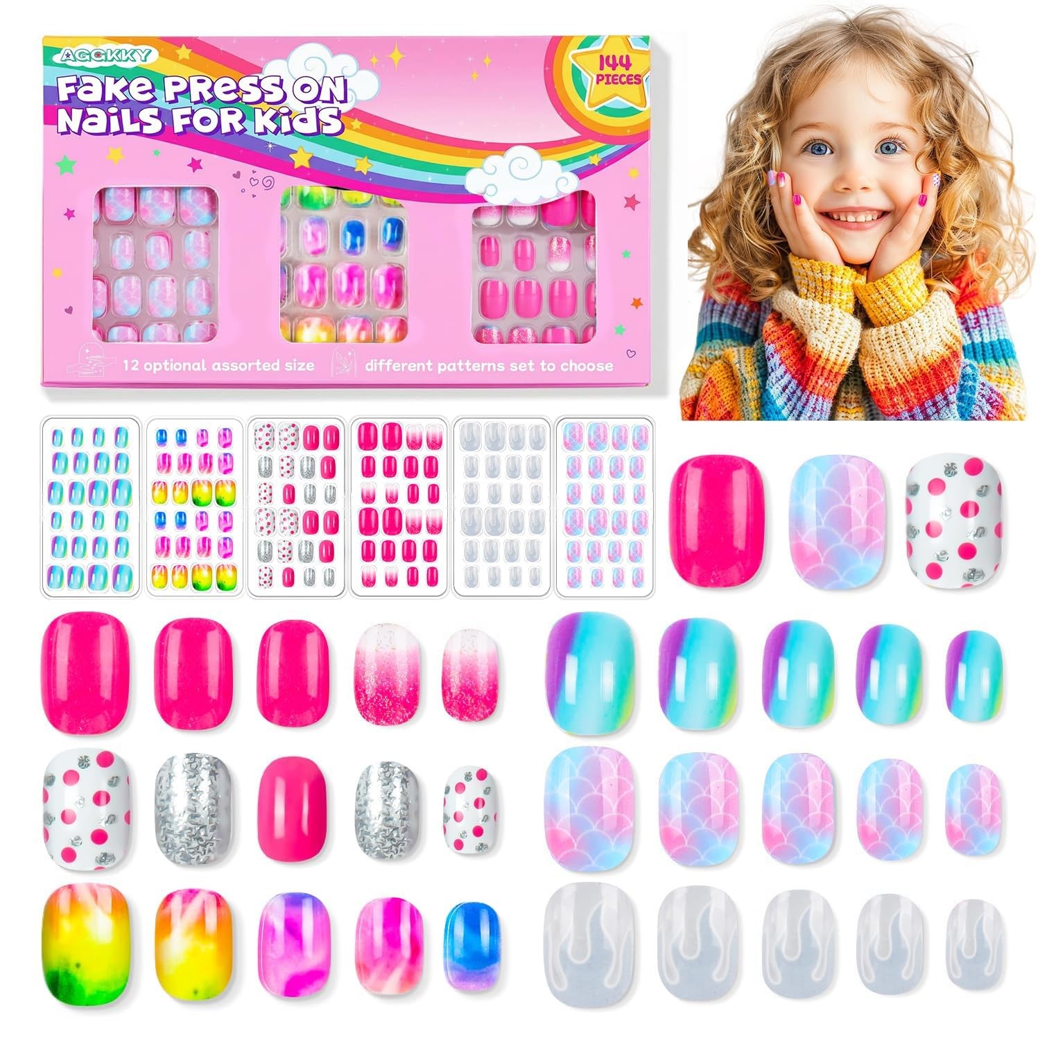 144 Pieces 6 Pack Kids Press on Nails Artificial Fake Nails for Kids Girls Pr.