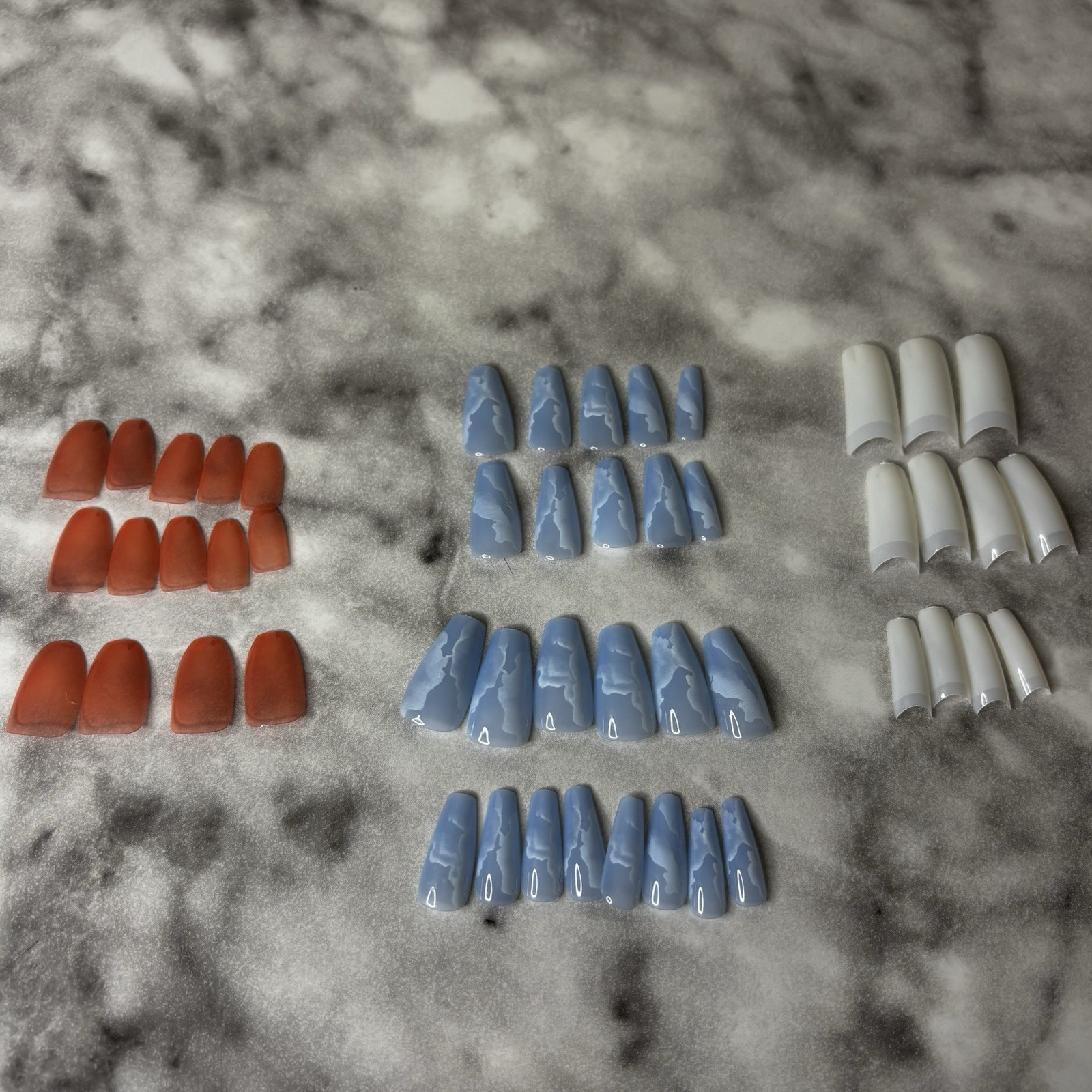 Set of 3 False Fake Long Nails Red Blue Clouds White Tips Square
