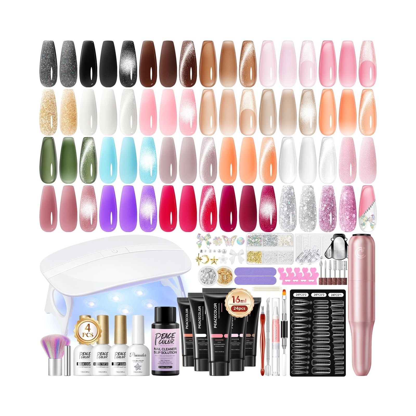 PEACECOLOR 52Pcs Poly Nail Gel Kit with Drill and U V Light 24 Colo… Fast Ship