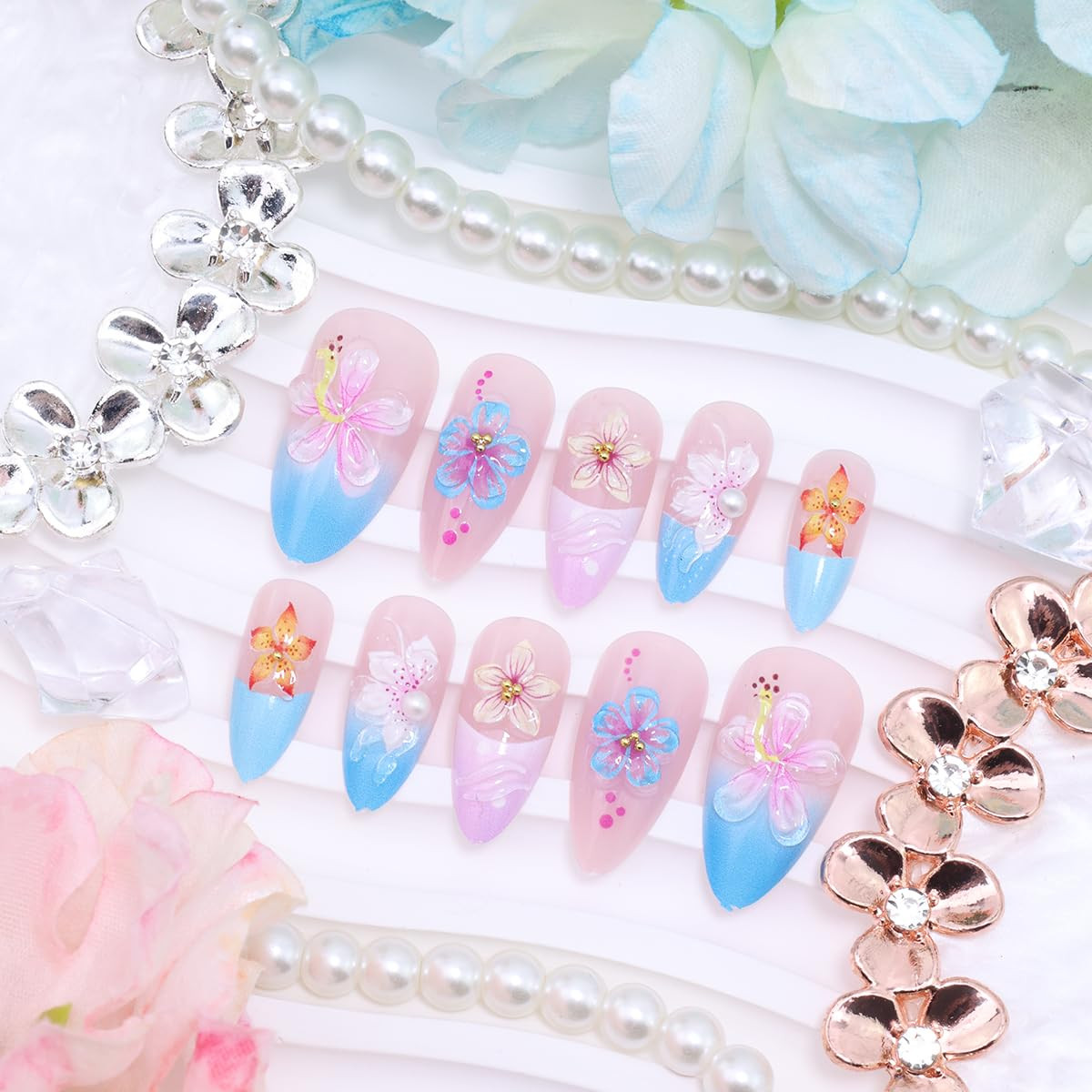 24Pcs 3D Flower Press on Nails Medium Almond French Tip Fake Nails Tropical Flor