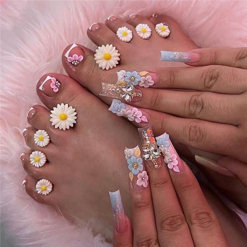 Sweet Leopard Print French 3D Flower Gradient Square Press On Nails 48PCS