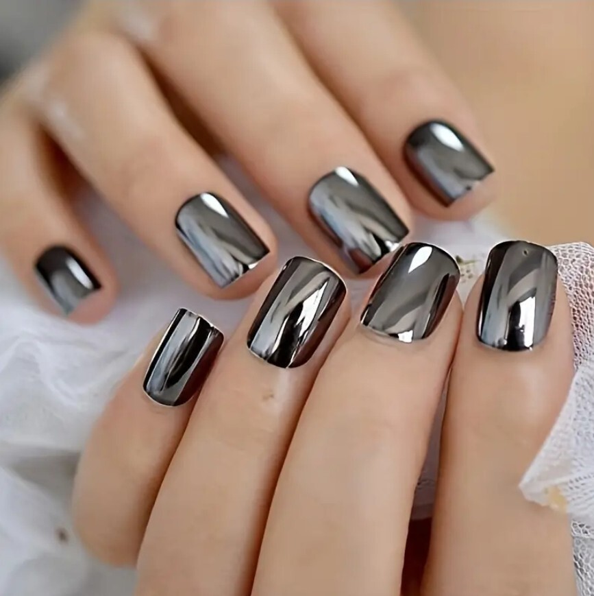 Chrome Red Silver Blue Dark Gray Medium Square Glue On Fingernails 4 Sets