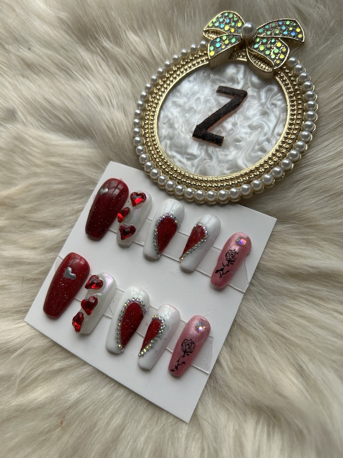 Z NAILZ! Handmade M Coffin Valentines Day/Love Red, White & Pink Press On Nails