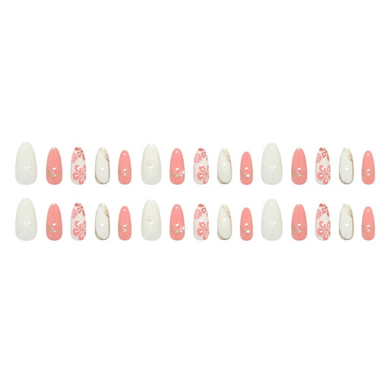 60pcs-Nude Pink Beige Press on Nails Cherry Blossom Print 3D Flower Almond Set