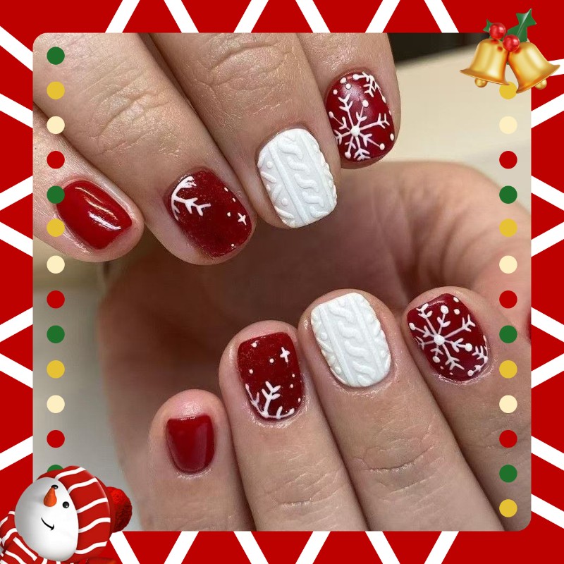 48Pcs Short Red White Snowflake Knit Press on Nails Christmas Casual Wear