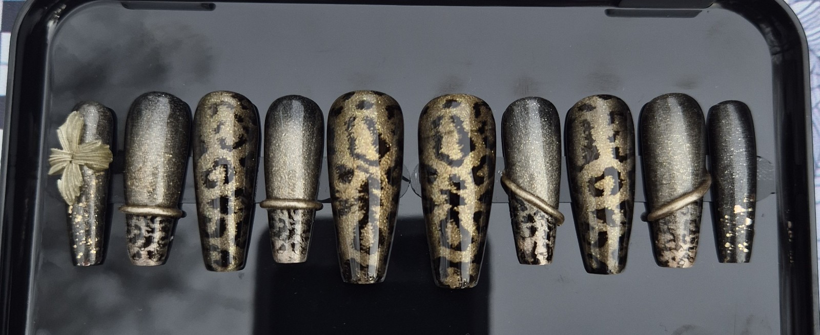 Gold Black Glitter Leopard Coffin Press-On Nails Pre-Designed Full Cover