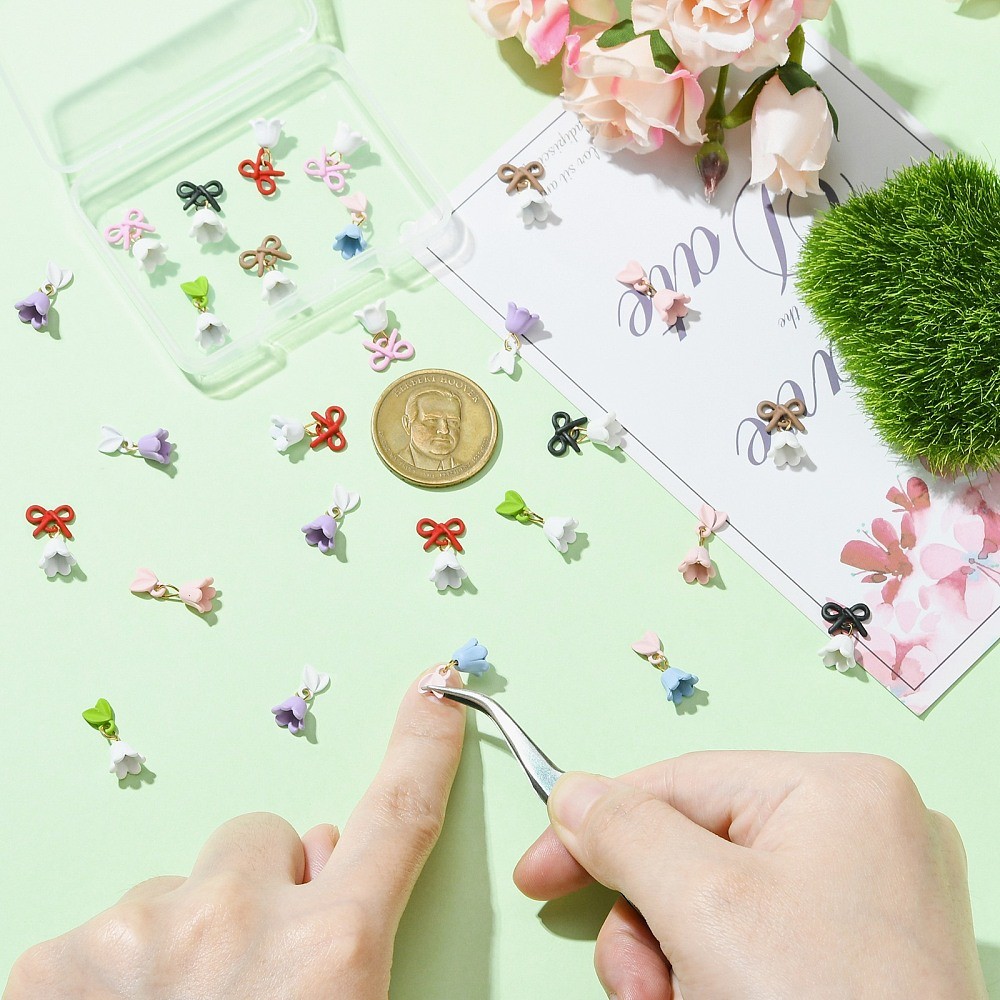 24pcs Lily of the Valley 8 Colors Flower Alloy Cabochons for Phone Case Nail Art