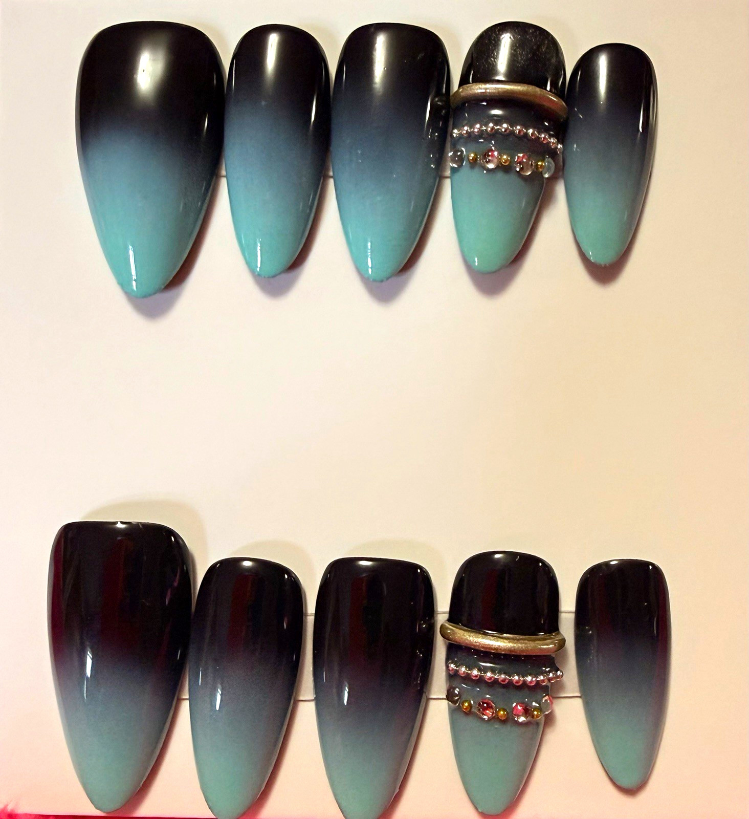 Black/Blue Ombre Shiny Coffin Press-On Nails Set, Long, size large