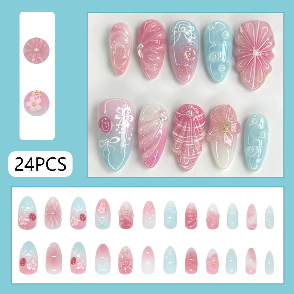 Almond Press on Nails Medium Fake Nails with 3D Ripple Bubble Pink Flower Pearls