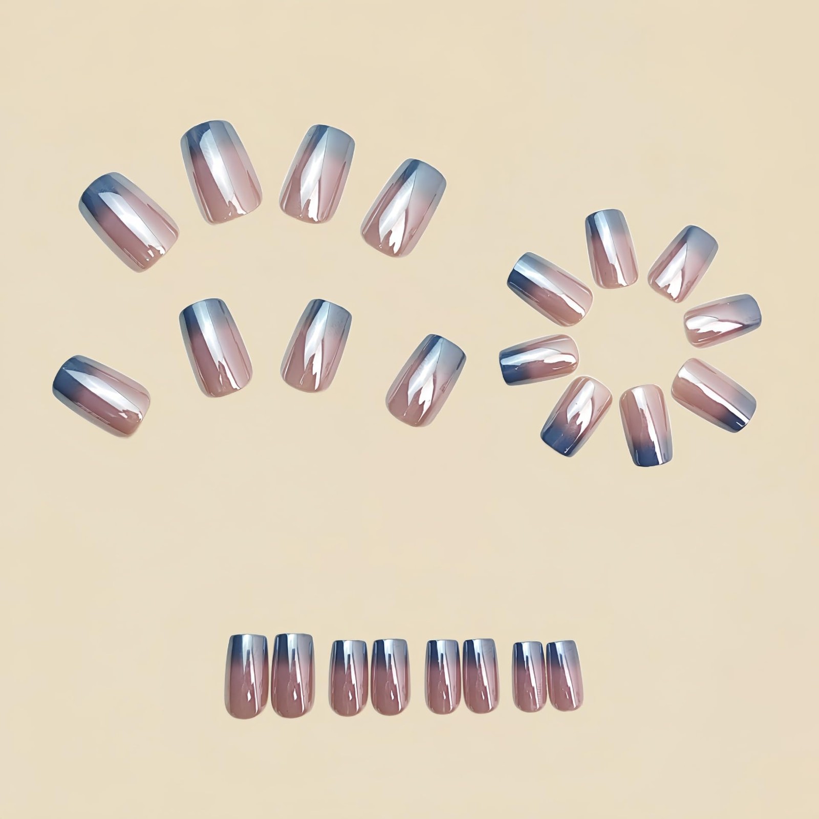Blue Ombre Press on Nails Medium Square Fake Chrome Medium, Style 13