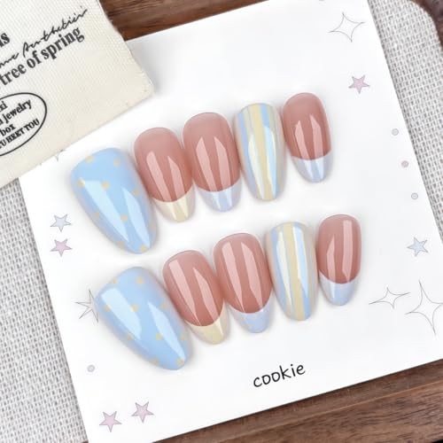 Almond Press On Nails – French Tip with Polka Dot & Striped Short Color32