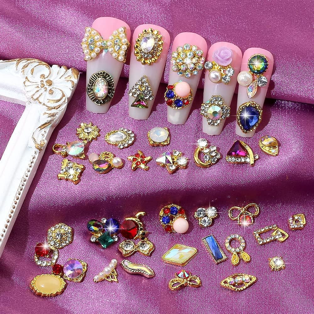 50Pcs 3D Gold Nail Charms for Acrylic Nails Mix Styles Rhinestones for Nails Met