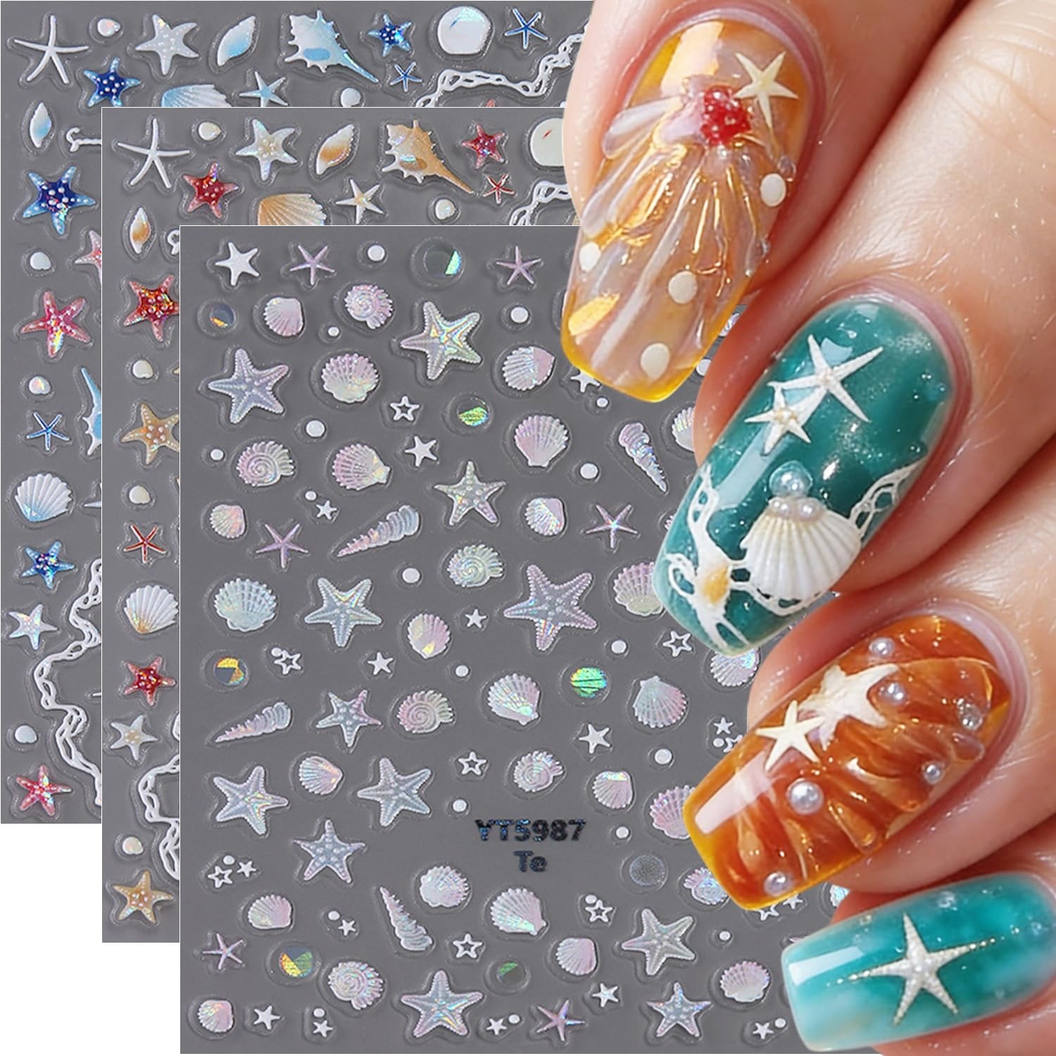 Summer Nail Stickers Decals 3D Ocean Self-Adhesive Starfish, Shells, Conch, P…