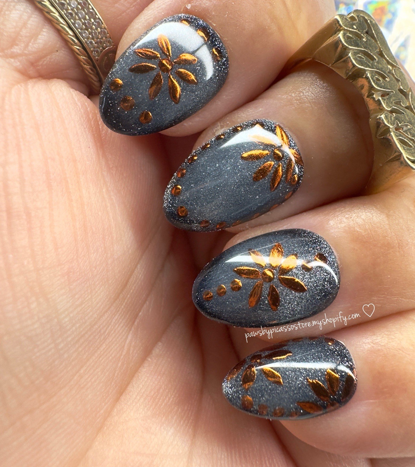 Hand Painted Cat Eye And Chrome Press On Nails