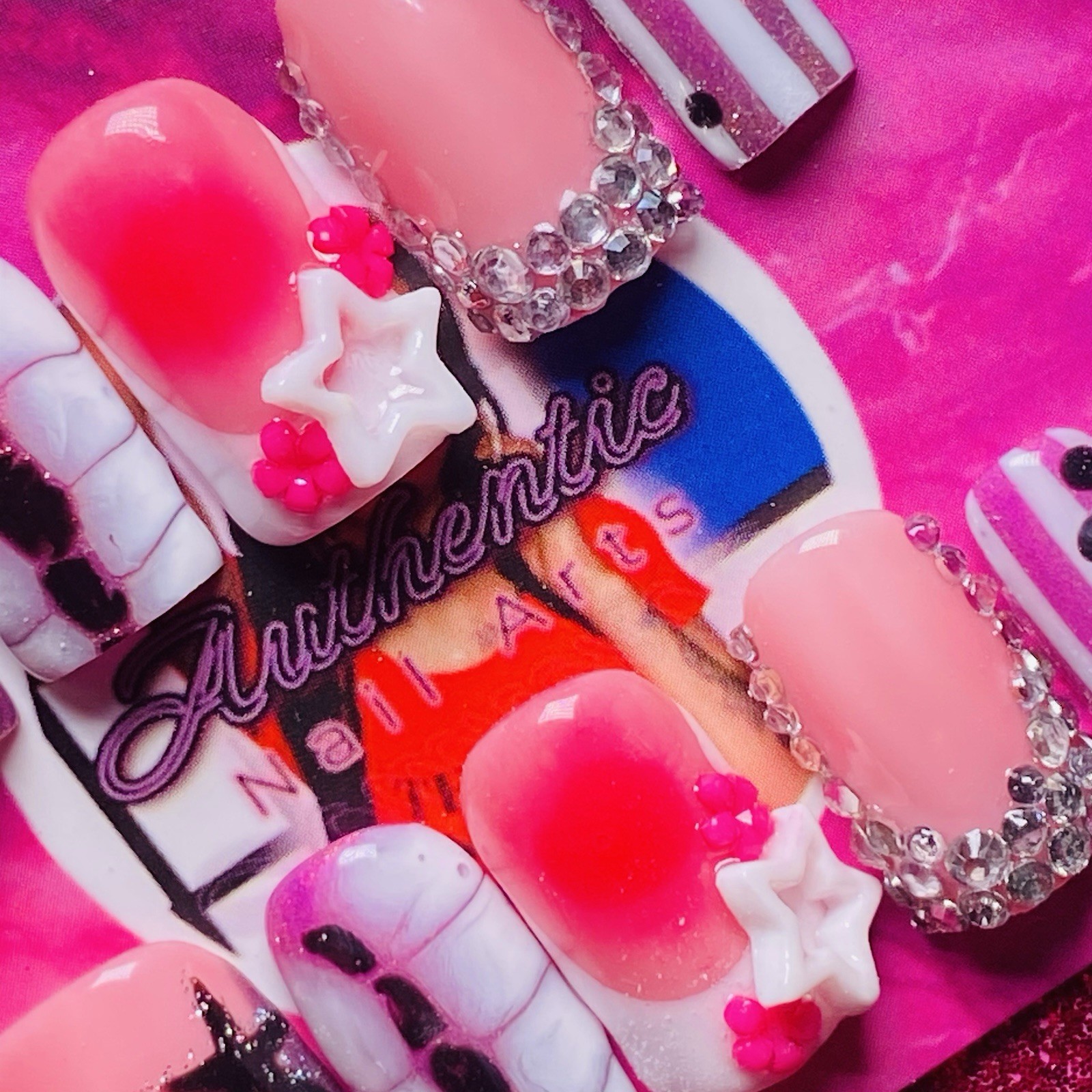 Square Press-On Nails Pink Black 3D Shiny Star by Authentic Nail Arts