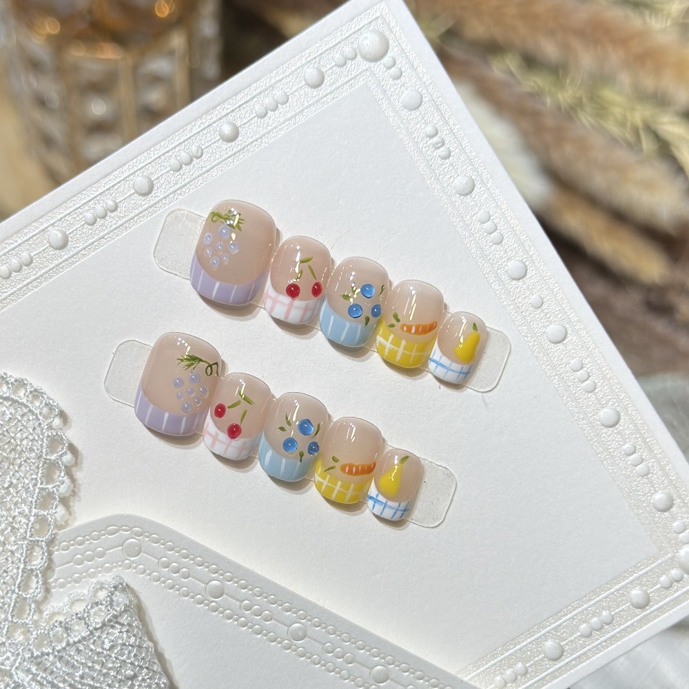 Short Oval Cute Fruit Press On Nails Handmade Removable Girls Daily Nails