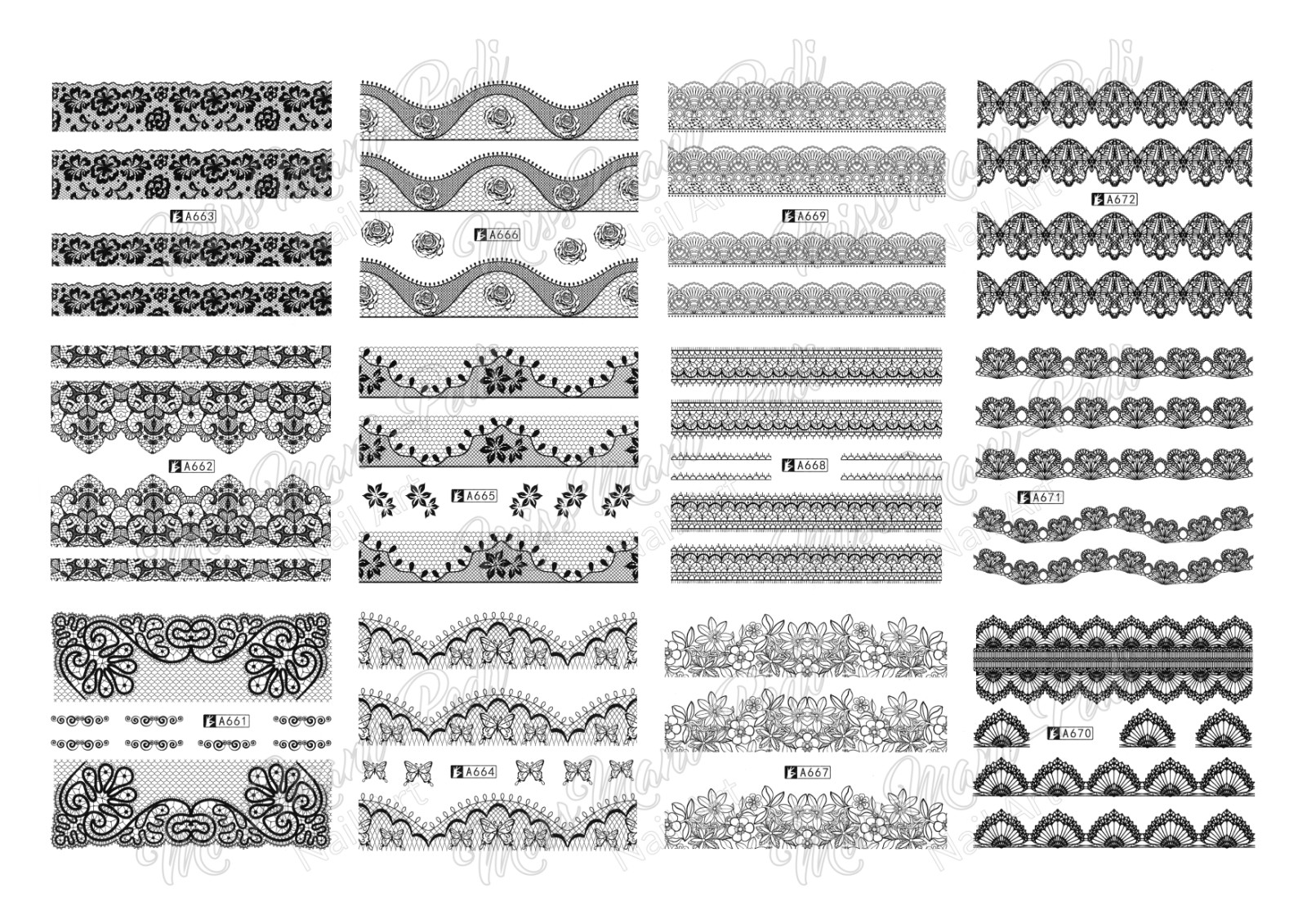 40 Sheets White Black Lace Nail Decals Water Transfers Wedding Stickers DIY NS11