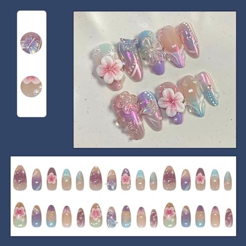 30Pcs Pink Flower Press on Nails Medium Almond Spring Summer Flower Nails-1