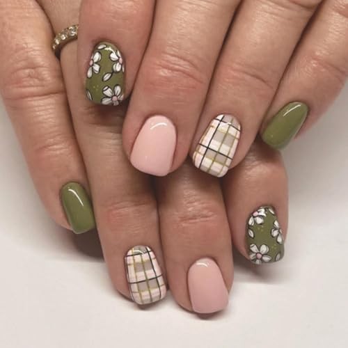 Short Press on Nails – Green Square Fake Nails – Pink Flower Grids – False Nail