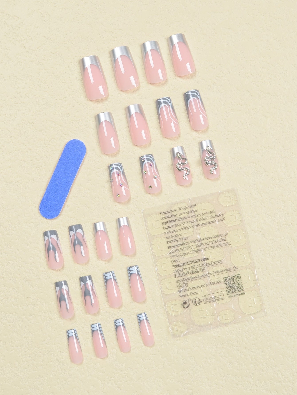 24pcs/set Silver-color French Rhinestone & Snake Design Long False Nails