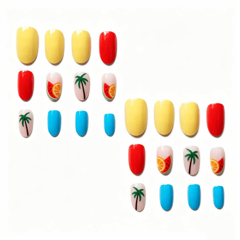 48 Pcs Fruit Palm Tree Print Press on Nails, Medium Almond Summer Fake Nails