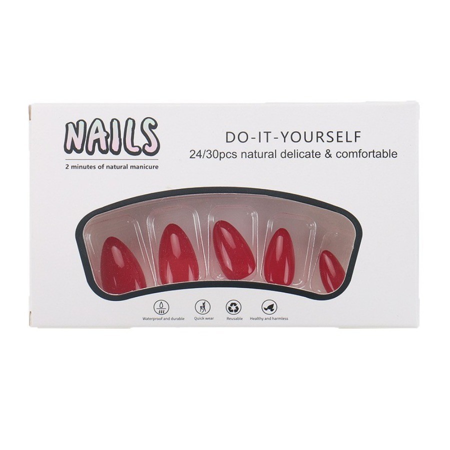 60pcs-Simple Red Press on Nails, Solid Color Glossy Almond Nails, Timeless Style