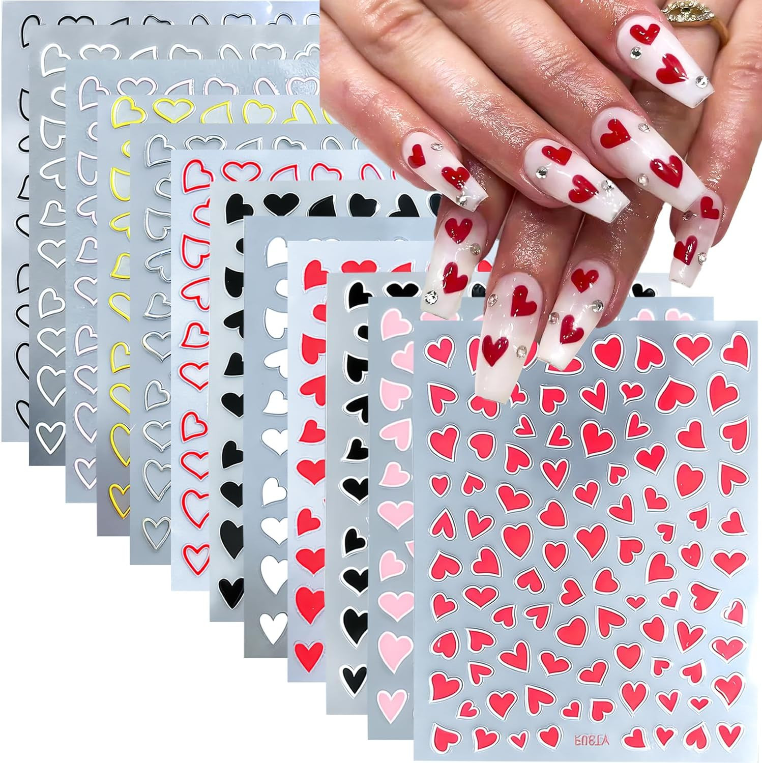 12 Pcs Valentines Day Nail Stickers, Red Pink White Black Gold Heart Stickers fo