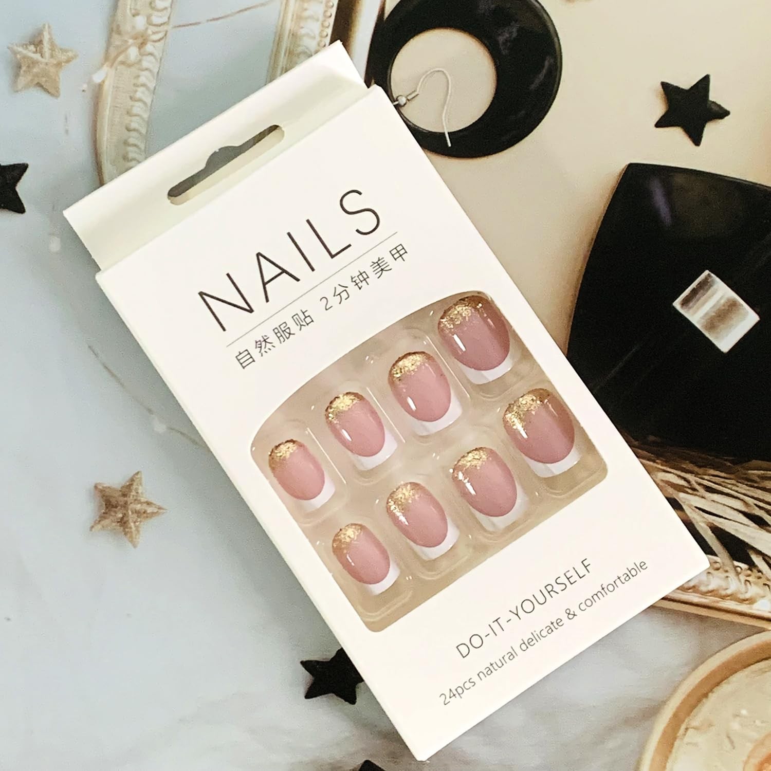 Press on Nails Short Length Coffin Shape, 24Pcs Full Cover Reusable Glossy Sq…
