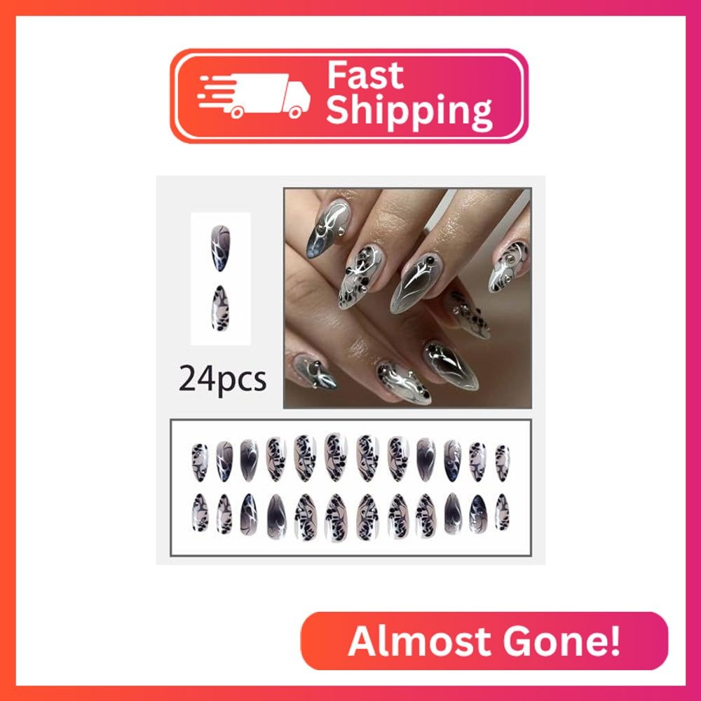 24Pcs Almond Press on Nails Medium Fake Nails Silver Heart 3D Rhinestones Design