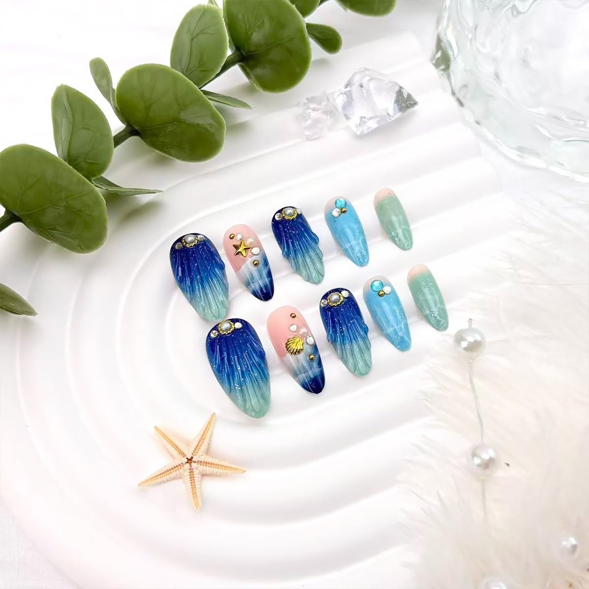 24Pcs Summer Press on Nails Medium Almond Fake Nails Blue Ocean Design 3D Gol…