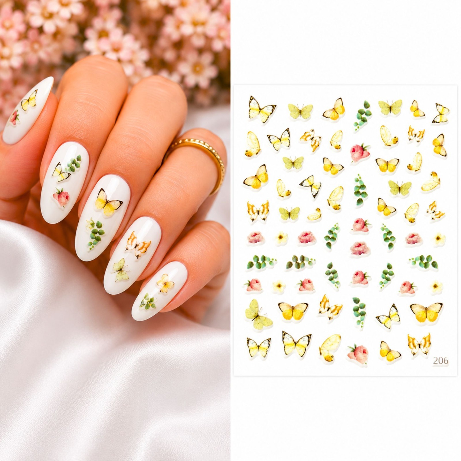 Yellow Butterfly Water Transfer Nail Sticker Green Leaf Nail Art Decal Manicure