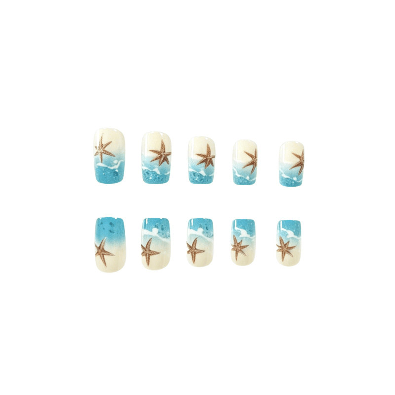 48pcs Short Square Press on Nails, Blue Wave 3D Starfish Beach Summer Nails