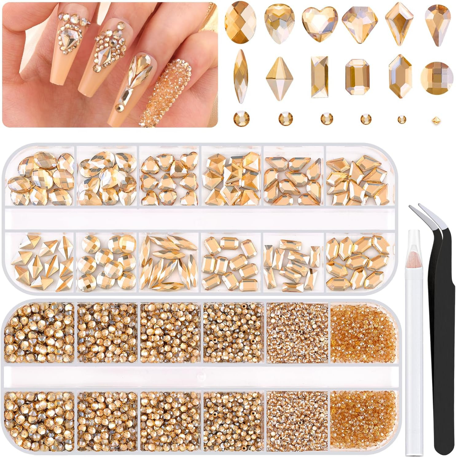 3100Pcs Champagne Gold Nail Rhinestones Kit, 1.5-3Mm Mini Nail Gems + Multi Shap