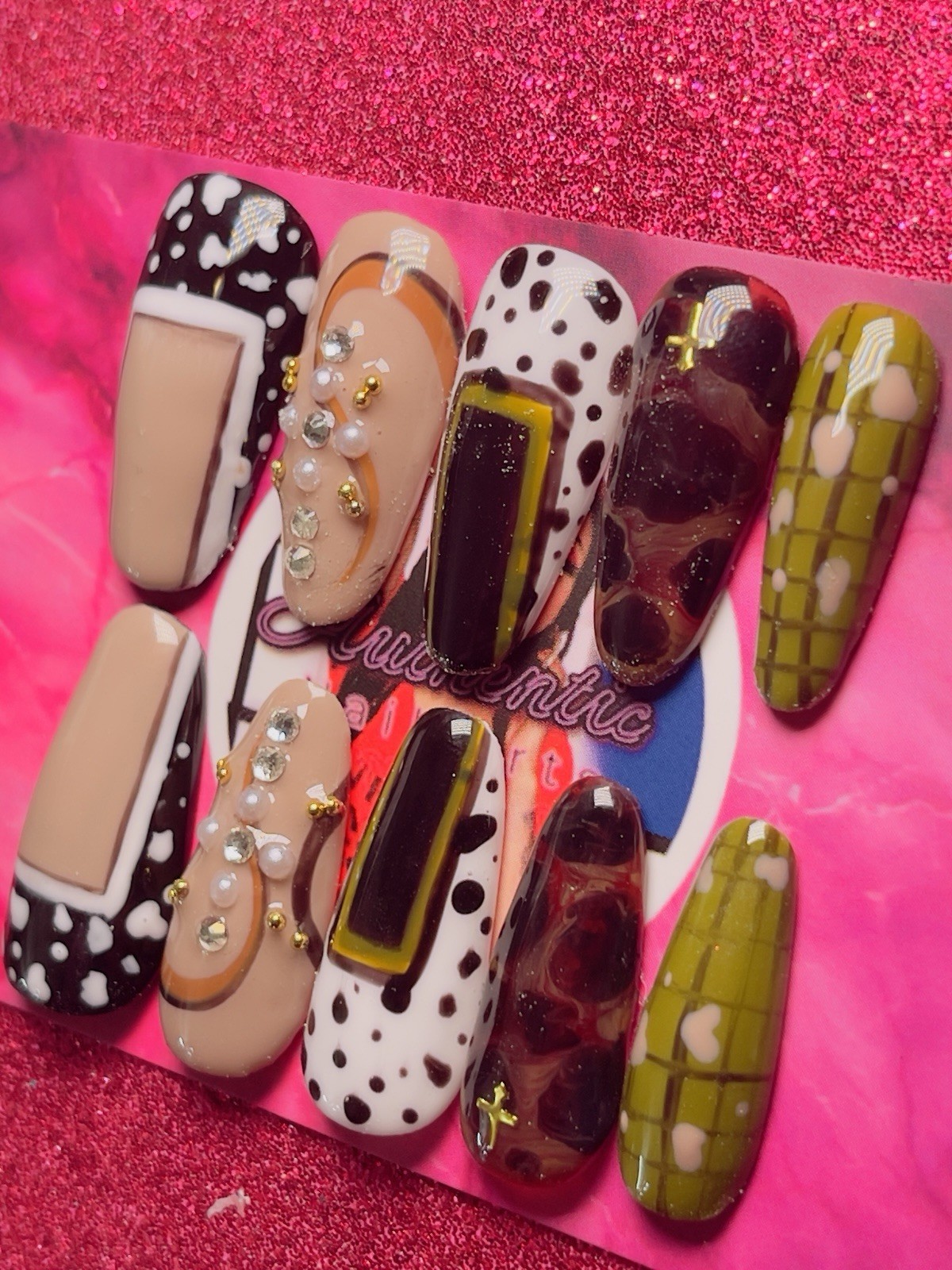 Long Coffin Press-On Nails Multicolor 3D Shiny by Nail Arts by Dia