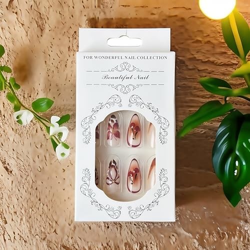 24Pcs Wine Red Cherry Press on Nails Medium Almond Fake Nails with 3D cherry