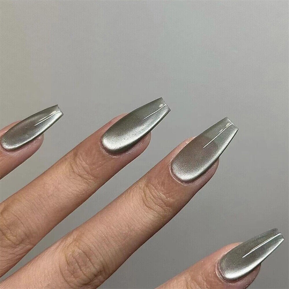 Medium Coffin Press-On Fake Nail Luxurious Gray White Cat’s Eye Manicure 24pcs