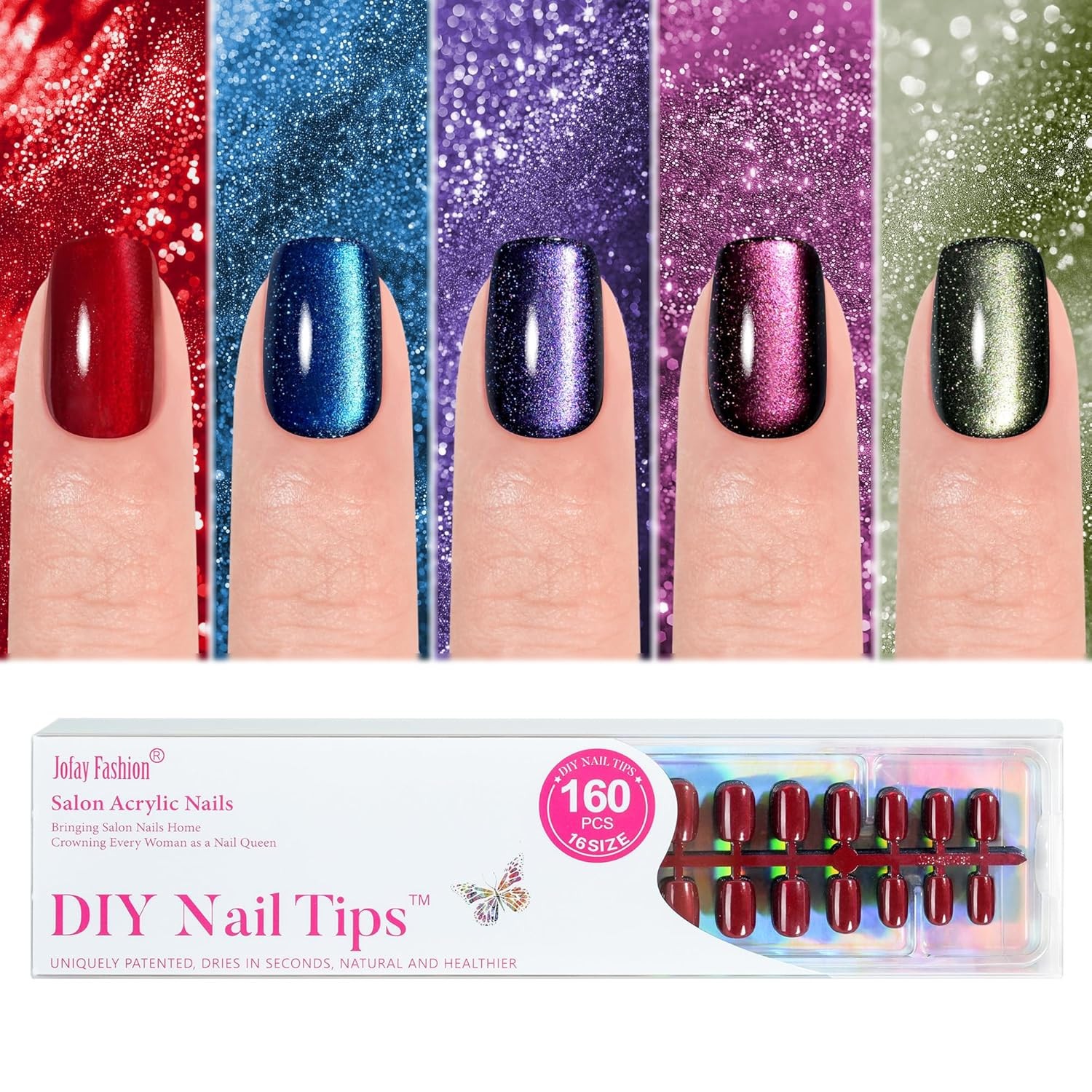 Cat Eye Press on Nails Short 5 Styles, 160Pcs Salon-Like Fake Nails with Glit…