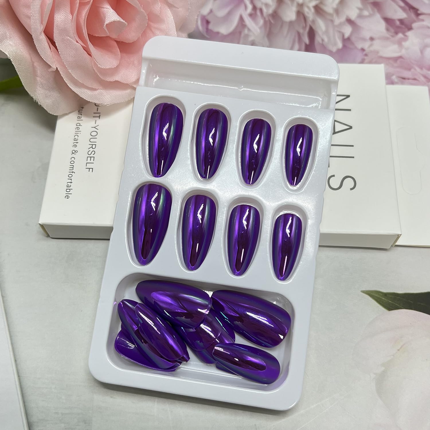 Purple Chrome Press on Nails Medium Almond Fake Nails Purple Metallic Mirror Fal