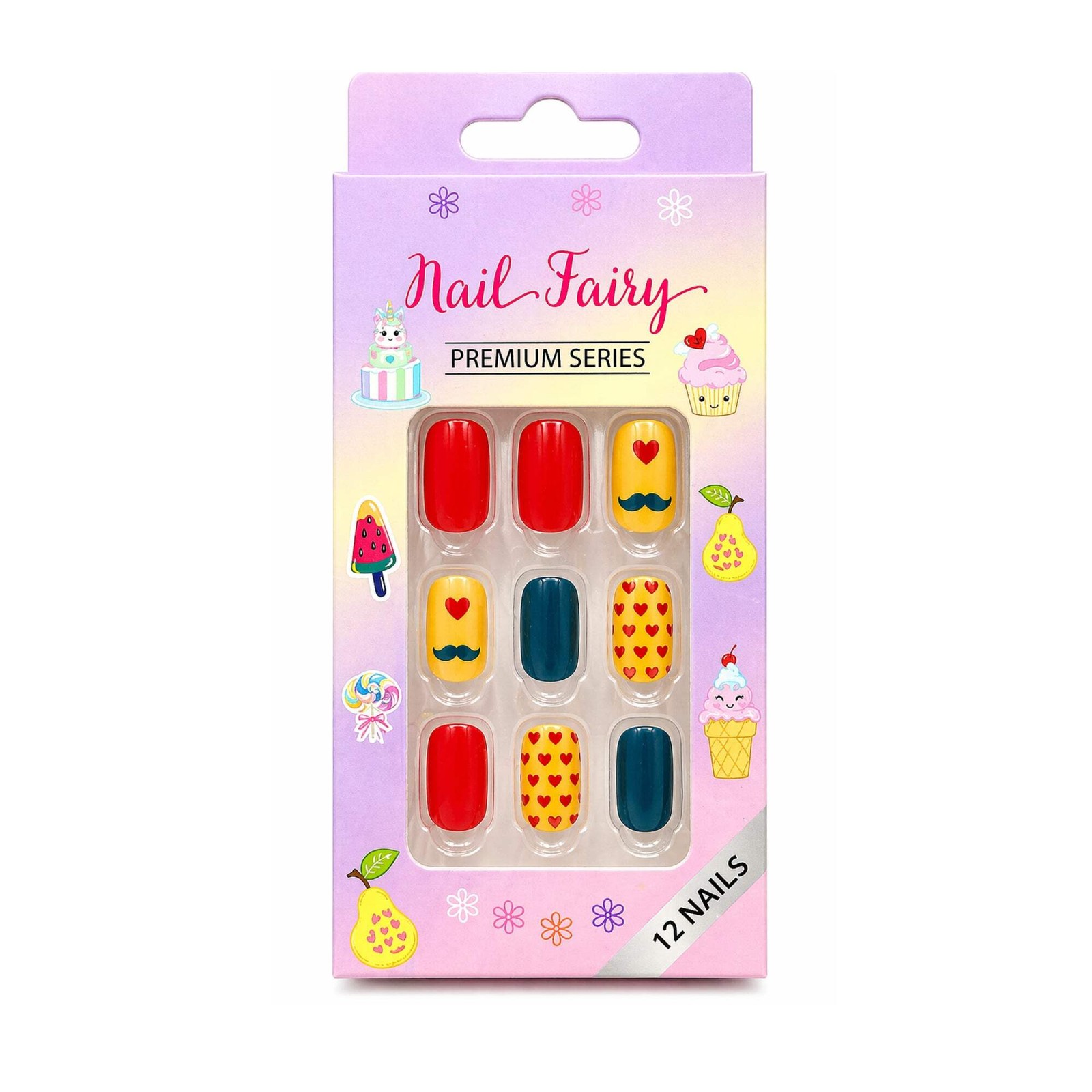 12 Pieces Kids Press On Nails Set Cute Reusable Designs