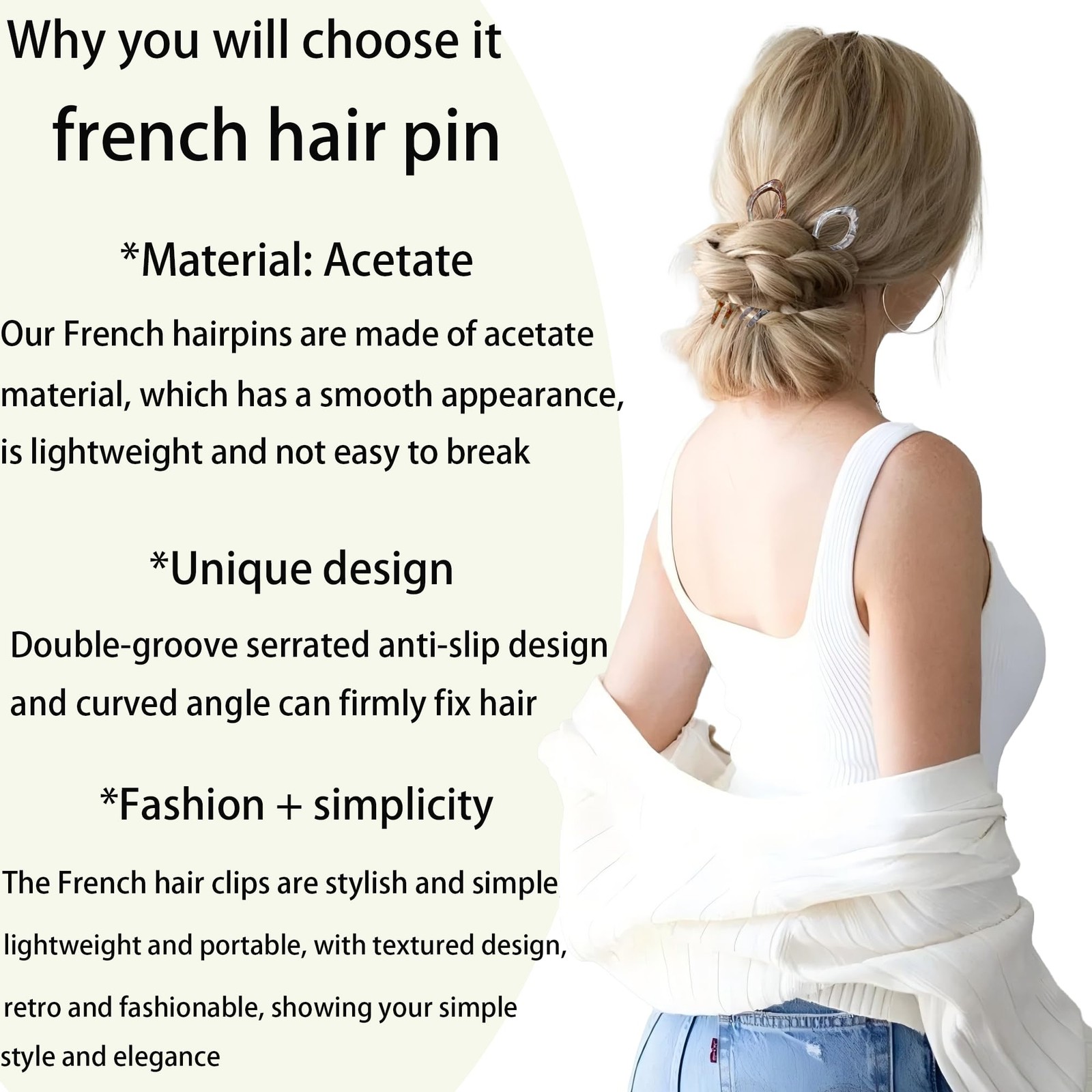 3Pcs Prestige French Hair Pin for Women,Prestige Thin Thick Dark
