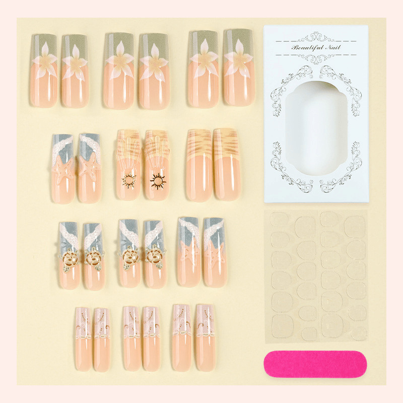 48 Pcs Ocean Turtle Press on Nails, Long Square 3D Starfish Art Fake Nails