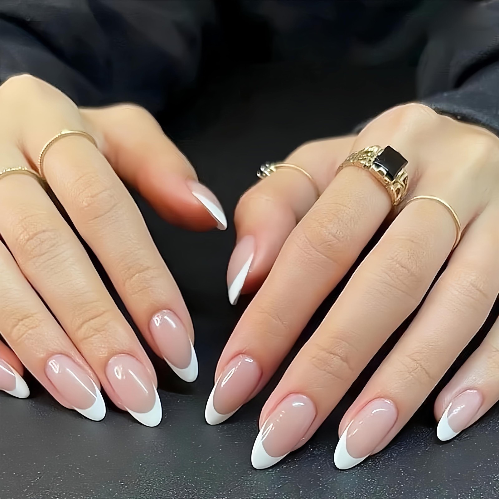 White French Tips Press on Nails Long Almond Fake Nails Nude False Nails with…