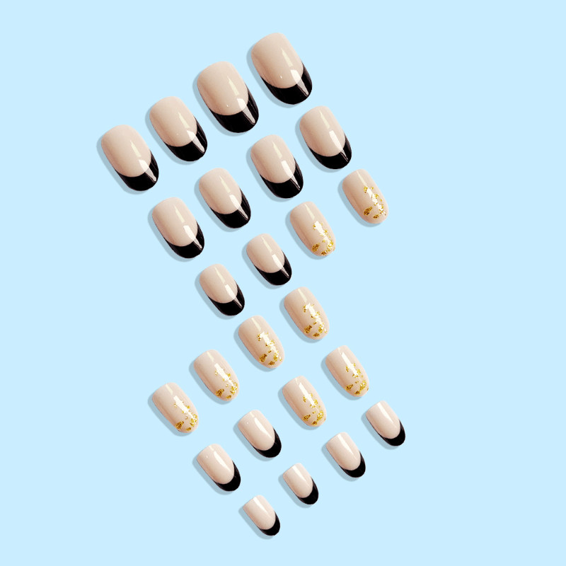 48 Pcs Nude Black Gold Foil Press on Nails, Short Oval French Style Fake Nails