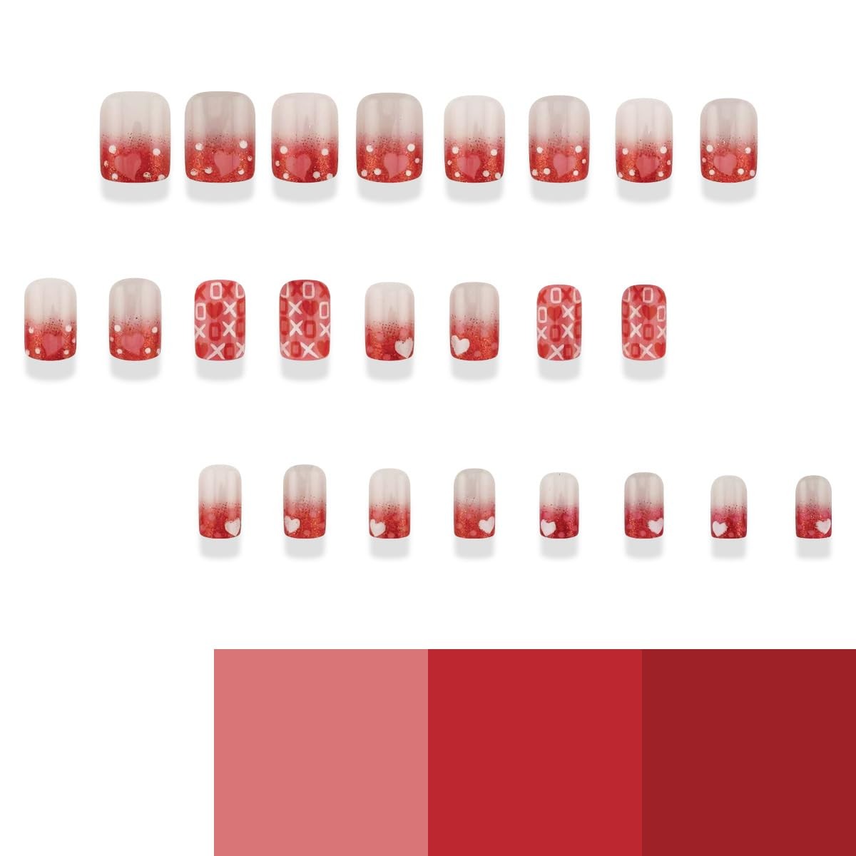 Square Press on Nails Short Red Glitter French Tip Fake Nails Pink Heart Acry…
