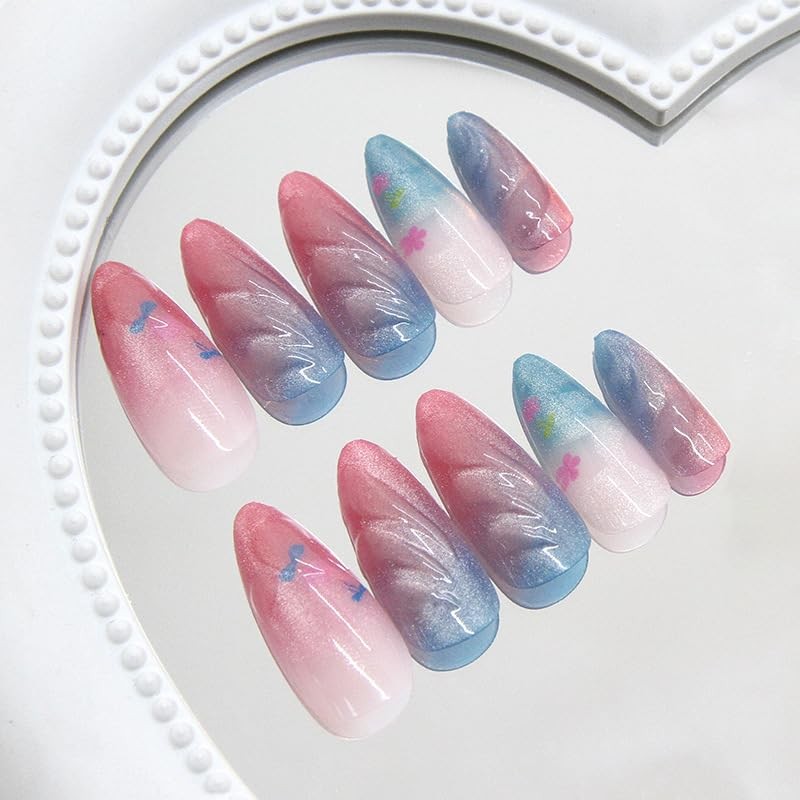 24Pcs Colorful Press on Nails Medium Almond Fake Nails Rainbow Ombre Full Cov…