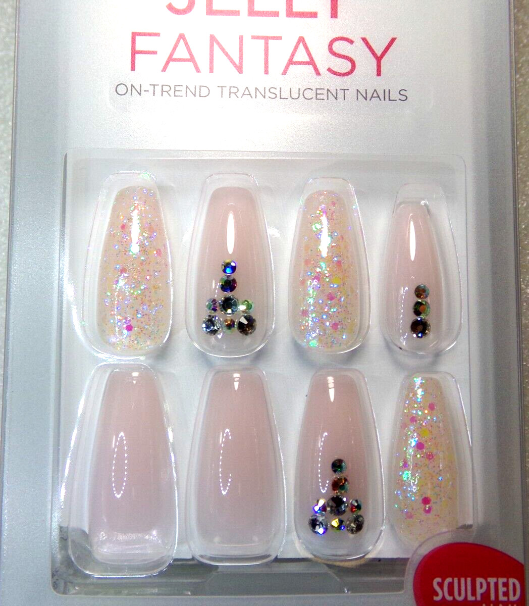 KISS Fantasy JELLY NAILS GLUE ON Barely Pink LONG LENGTH, Sculpted COFFIN