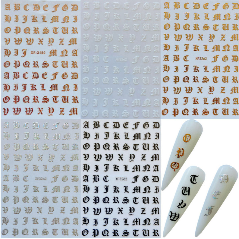 English Letter Number Nail Art Sticker Laser Gold Art Latin Roman Decal NS19